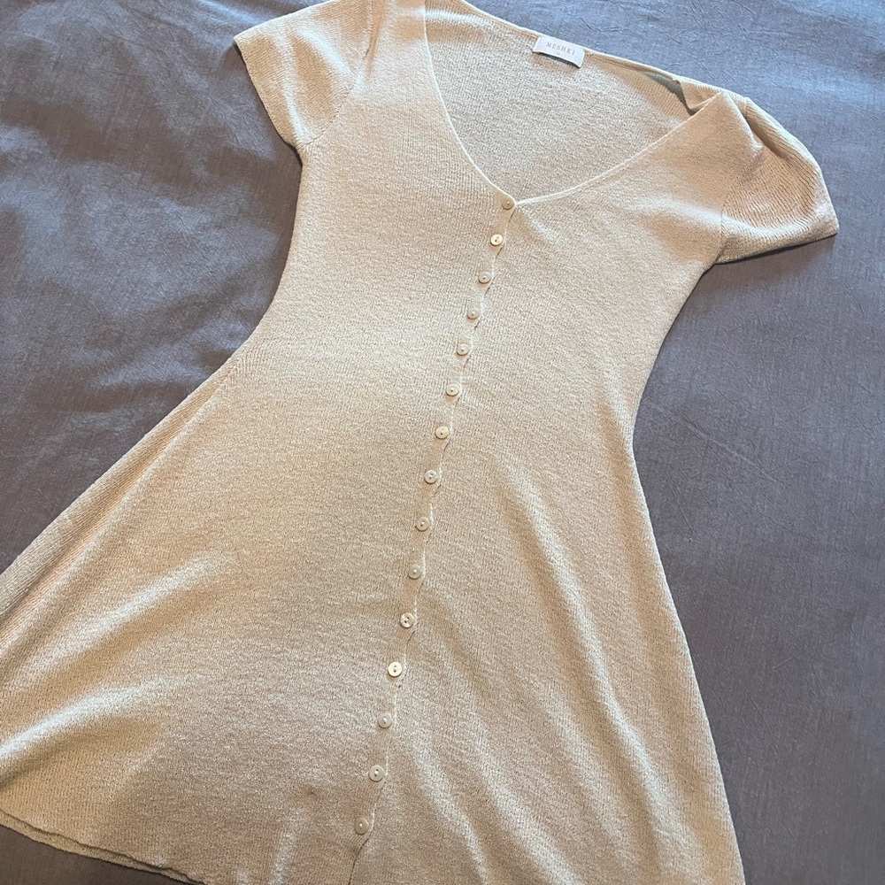 Meshki Cream Ribbed Buttoned Sheath Mini Dress